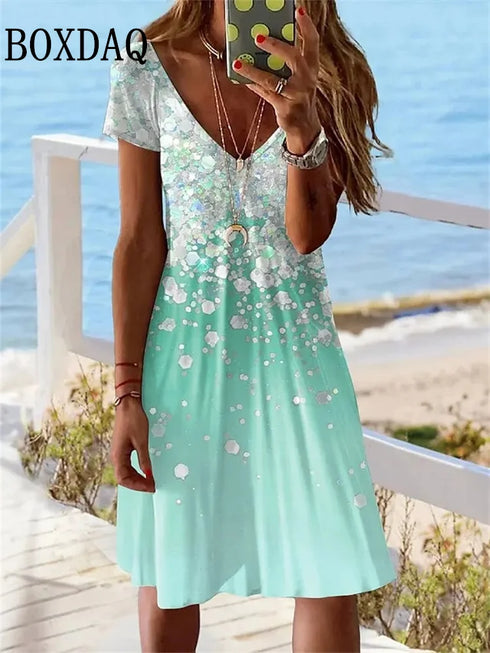 Short Sleeve Women's Casual Loose V-Neck Summer Dress Plus Size Fashion Print Party Dress